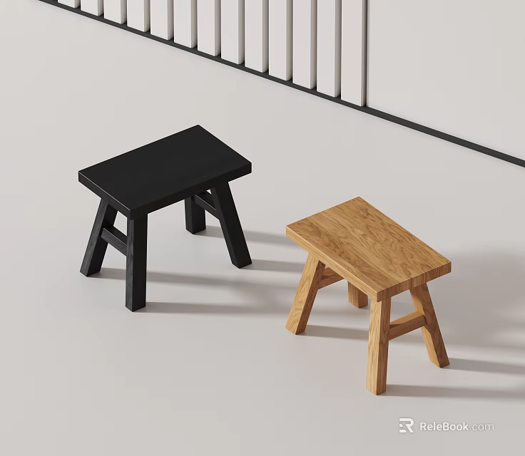 Two Modern Stools Black And Natural Wood Minimalist Design With Square Seats 3d model 