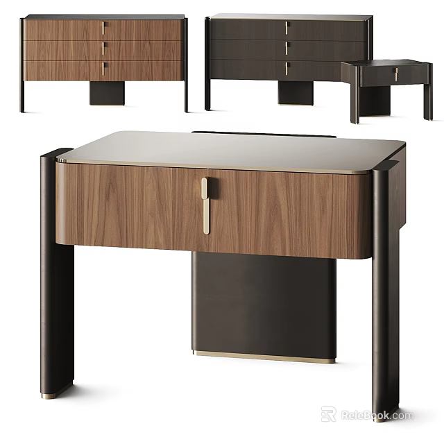 Modern Bedside Table With Walnut Wood Drawer And Metal Legs Design 3d model 