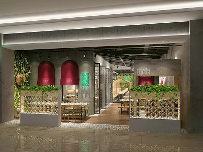 Modern Restaurant Interior With Red Awnings Greenery Glass Dividers And Wooden Furniture 3d model