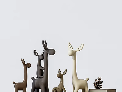 Decorative Ornament Figurine Set With Deer Figures In Various Colors And Pine Cone Decor 3d model