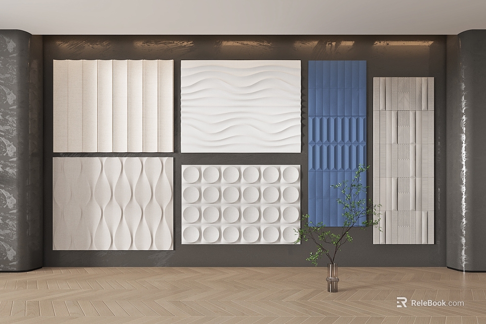 Various Textured Wall Panels With Wave Circular Blue Gray And White Designs 3d model 