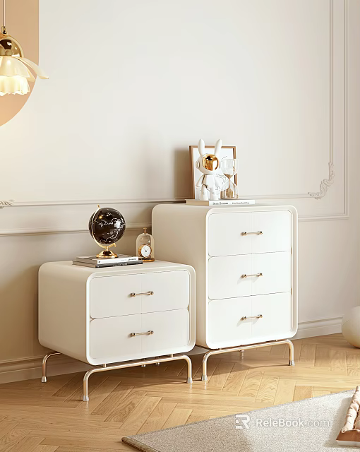 White Bedside Tables With Gold Legs Globe Alarm Clock And Rabbit Decor 3d model 