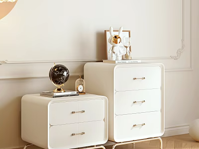 White Bedside Tables With Gold Legs Globe Alarm Clock And Rabbit Decor 3d model