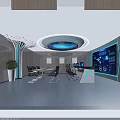 Modern Public Office Area with Reception Desk Large Screen Display and Indoor Plants