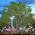 Colorful Hanging Decorative Lights On Large Tree With Butterflies Flowers And Twilight Sky
