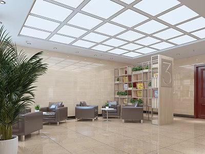 Modern Office Lobby Interior Featuring Beige Walls White Square Ceiling Gray Sofas Green Plants Bookshelf 3d model