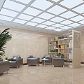 Modern Office Lobby Interior Featuring Beige Walls White Square Ceiling Gray Sofas Green Plants Bookshelf