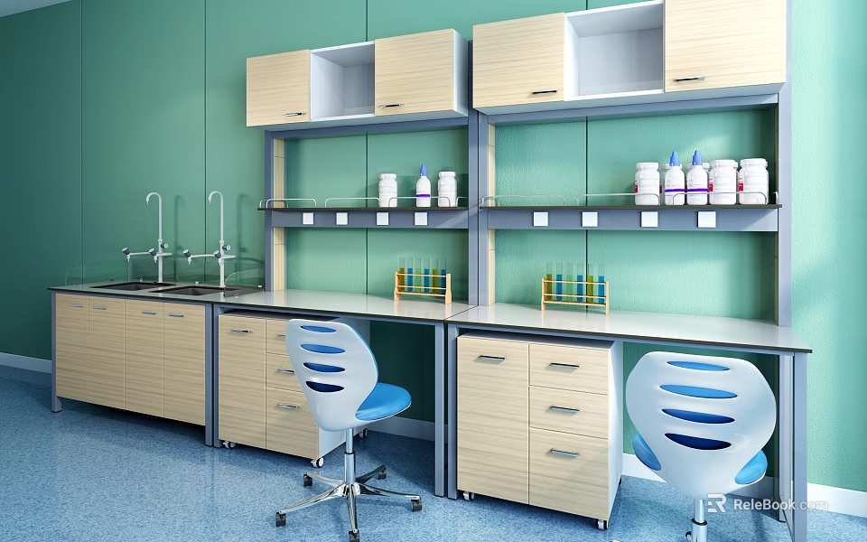 Green Laboratory Functional Table With Wooden Cabinets Shelves Scientific Bottles Test Tube Racks And Chairs 3d model 