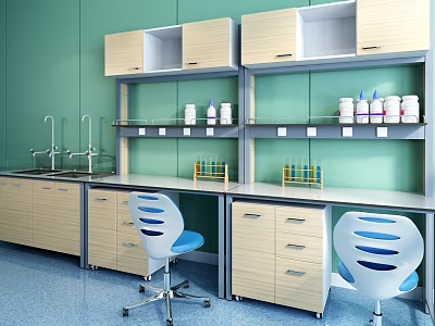 Green Laboratory Functional Table With Wooden Cabinets Shelves Scientific Bottles Test Tube Racks And Chairs 3d model
