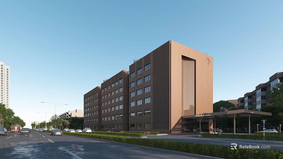 Modern Brown Hospital Building With Multiple Floors Large Windows Along City Road Green Landscaping 3d model 