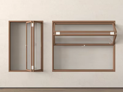 Two Windows With Brown Frames Transparent Glass And Different Opening Styles On Light Colored Wall 3d model