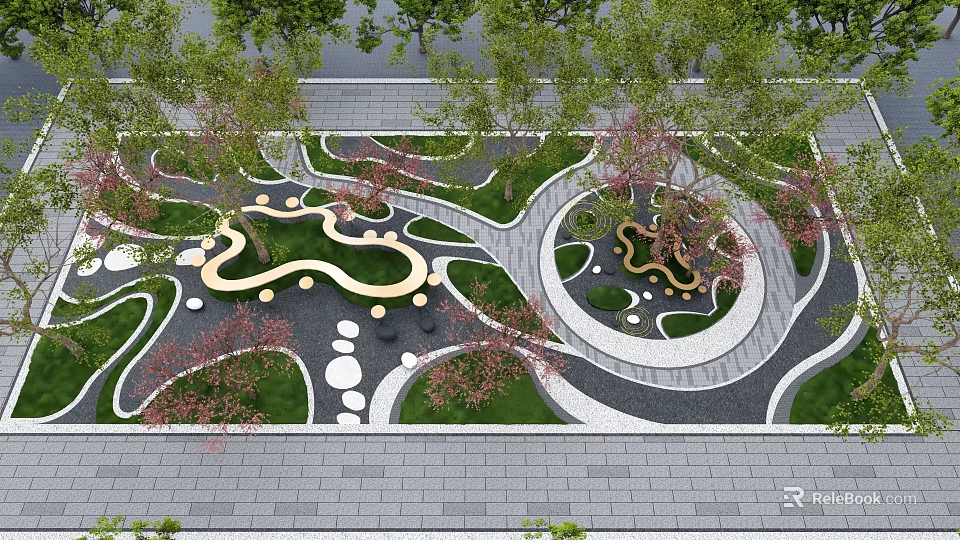 Outdoor Curved Table and Chair Set in Landscaped Park with Greenery and Pathways 3d model 