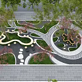 Outdoor Curved Table and Chair Set in Landscaped Park with Greenery and Pathways