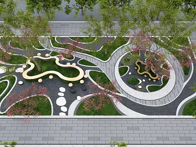 Outdoor Curved Table and Chair Set in Landscaped Park with Greenery and Pathways 3d model