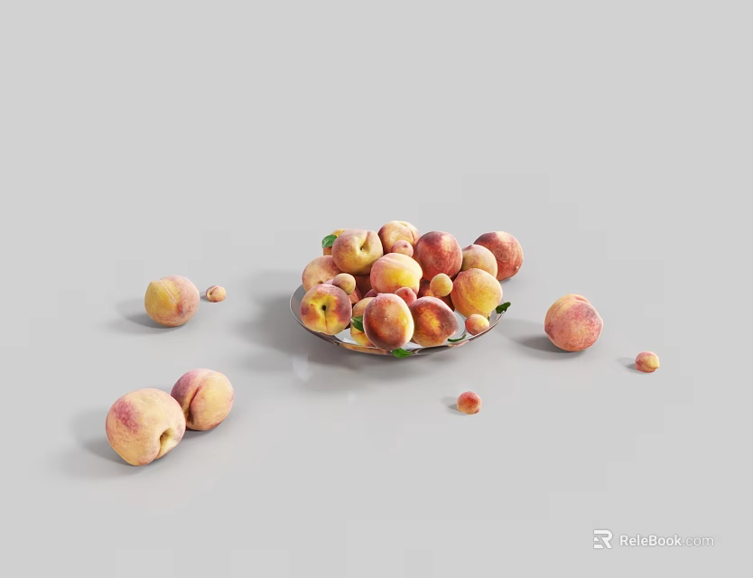 Fresh Ripe Peaches in Bowl with Scattered Fruits and Pits on Gray Background 3d model 