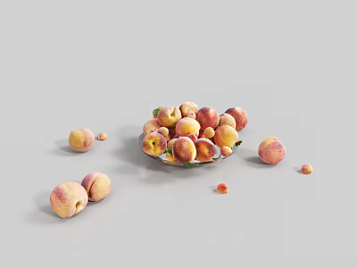 Fresh Ripe Peaches in Bowl with Scattered Fruits and Pits on Gray Background 3d model