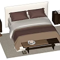 Double Bed With White Headboard Brown Beige Bedding Pillows Nightstands Table Lamp End Bench Rug