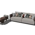 Modern Light Colored Double Sofa With Multiple Colorful Cushions And Ottoman With Blanket 3d model