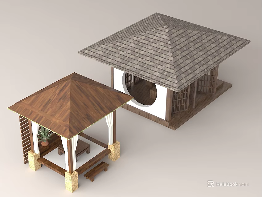 Two Different Style Garden Pavilions With Brown Gray Roofs And Wooden Structures 3d model 