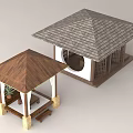 Two Different Style Garden Pavilions With Brown Gray Roofs And Wooden Structures