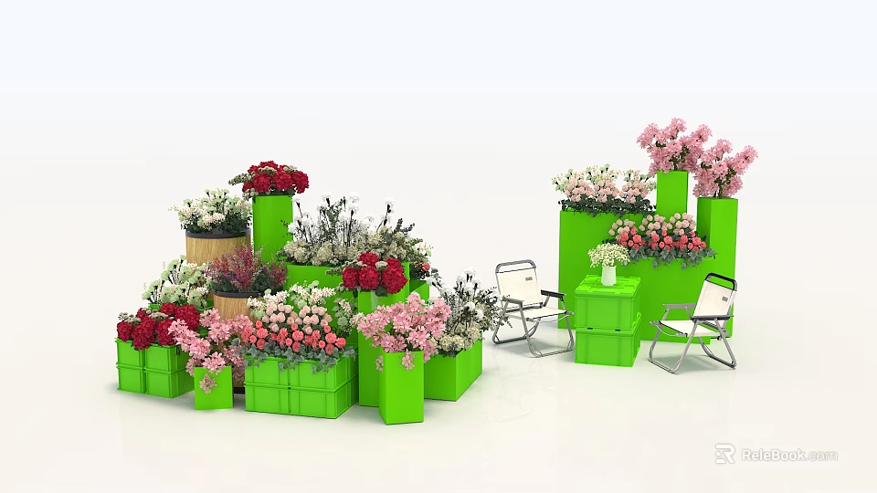 Colorful Floral Display With Green Planters Pink Red White Flowers Chairs And Small Tables 3d model 