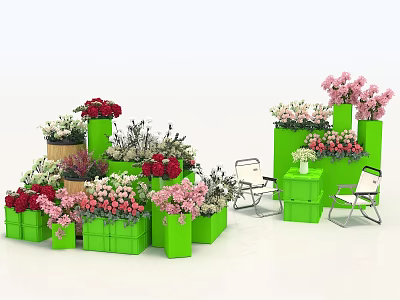 Colorful Floral Display With Green Planters Pink Red White Flowers Chairs And Small Tables 3d model
