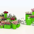 Colorful Floral Display With Green Planters Pink Red White Flowers Chairs And Small Tables