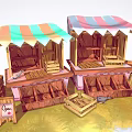 Two Wooden Stalls With Colorful Awnings And Wooden Crates Near Small Signs On Grass Field