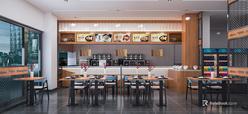 Modern Restaurant Interior With Dining Tables Chairs Coffee Counter And Decorative Wall Posters 3d model 