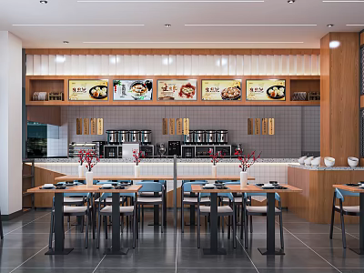 Modern Restaurant Interior With Dining Tables Chairs Coffee Counter And Decorative Wall Posters 3d model