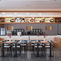 Modern Restaurant Interior With Dining Tables Chairs Coffee Counter And Decorative Wall Posters