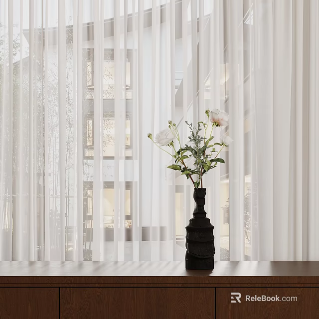 Stylish Black Vase With White Flowers On Wooden Table Against Sheer Curtains And Window Light 3d model 