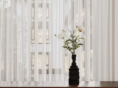 Stylish Black Vase With White Flowers On Wooden Table Against Sheer Curtains And Window Light 3d model