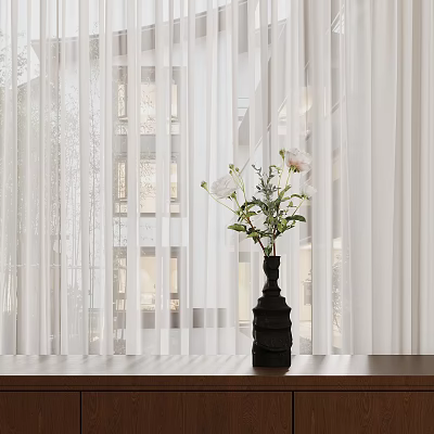 Stylish Black Vase With White Flowers On Wooden Table Against Sheer Curtains And Window Light 3d model