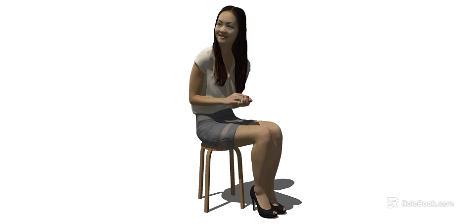 Smiling Woman Sitting On Wooden Stool In White Top Gray Skirt And Black High Heels 3d model 