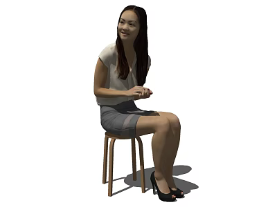 Smiling Woman Sitting On Wooden Stool In White Top Gray Skirt And Black High Heels 3d model