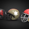Three Different American Football Helmets with Black Red Gold Colors and Star Dot Patterns