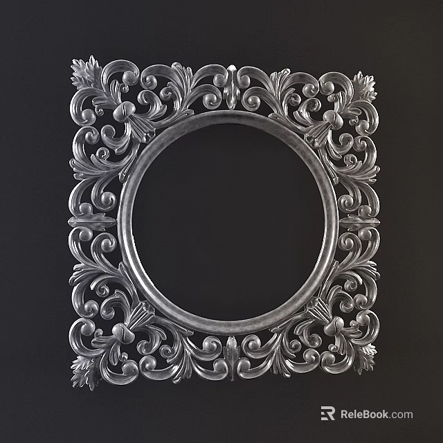 Ornate Silver Square Framed Round Mirror With Intricate Carved Patterns 3d model