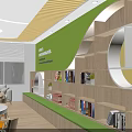 School Lounge Area With Wooden Walls Green Backdrop Round Ceiling Lights And Colorful Seating