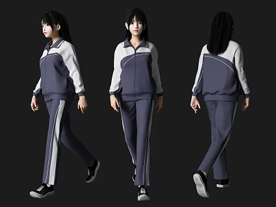 Woman in Blue White Tracksuit with Long Black Hair Black Shoes 3D Model Different Angles 3d model
