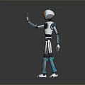 Robot Character With White And Blue Body And Orange Eyes Raising Hand On Reflective Floor