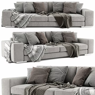 Gray Modern Cozy Two Seater Sofa With Plaid Pillows And Knit Blankets 3d model