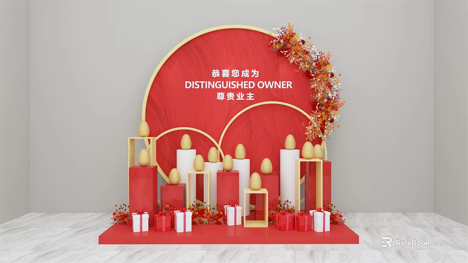 Elegant Welcome Setup for Distinguished Owner With Red Circular Backdrop Floral Decor White Gold Pillars and Gift Boxes 3d model 