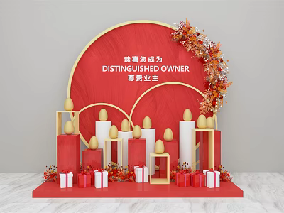 Elegant Welcome Setup for Distinguished Owner With Red Circular Backdrop Floral Decor White Gold Pillars and Gift Boxes 3d model