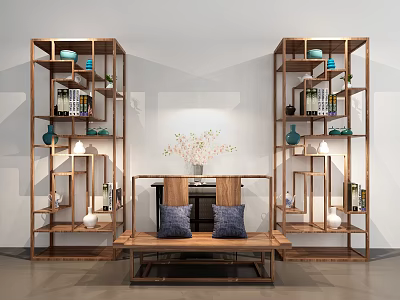 Antique Chinese style Wooden Display Shelves with Vases Books Plants Bench Cushions Against White Geometric Wall 3d model