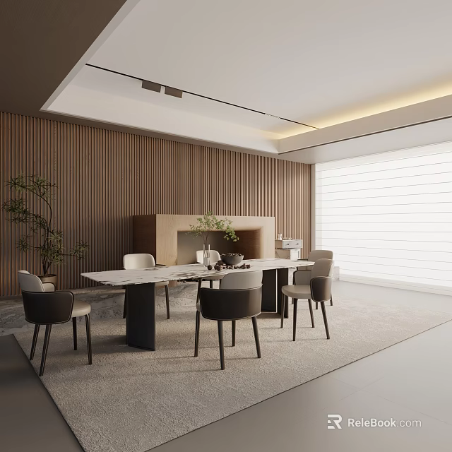 Modern Dining Table Set With Marble Tabletop Wooden Wall Green Plant And Chairs 3d model 