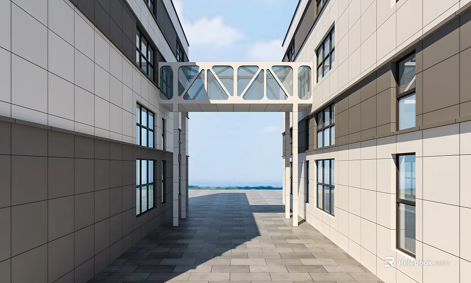 Modern Building Facade with Connecting Bridge and Rectangular Windows on Stone Panel Exterior Between Structures 3d model 