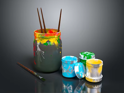 Colorful Paintbrushes Stored in Jar with Open Blue Green Yellow Paint Tubs and Splatters 3d model