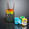 Colorful Paintbrushes Stored in Jar with Open Blue Green Yellow Paint Tubs and Splatters