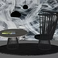 Modern Black Leisure Chair With Round Table Books Abstract Pattern Wallpaper And Pendant Lights